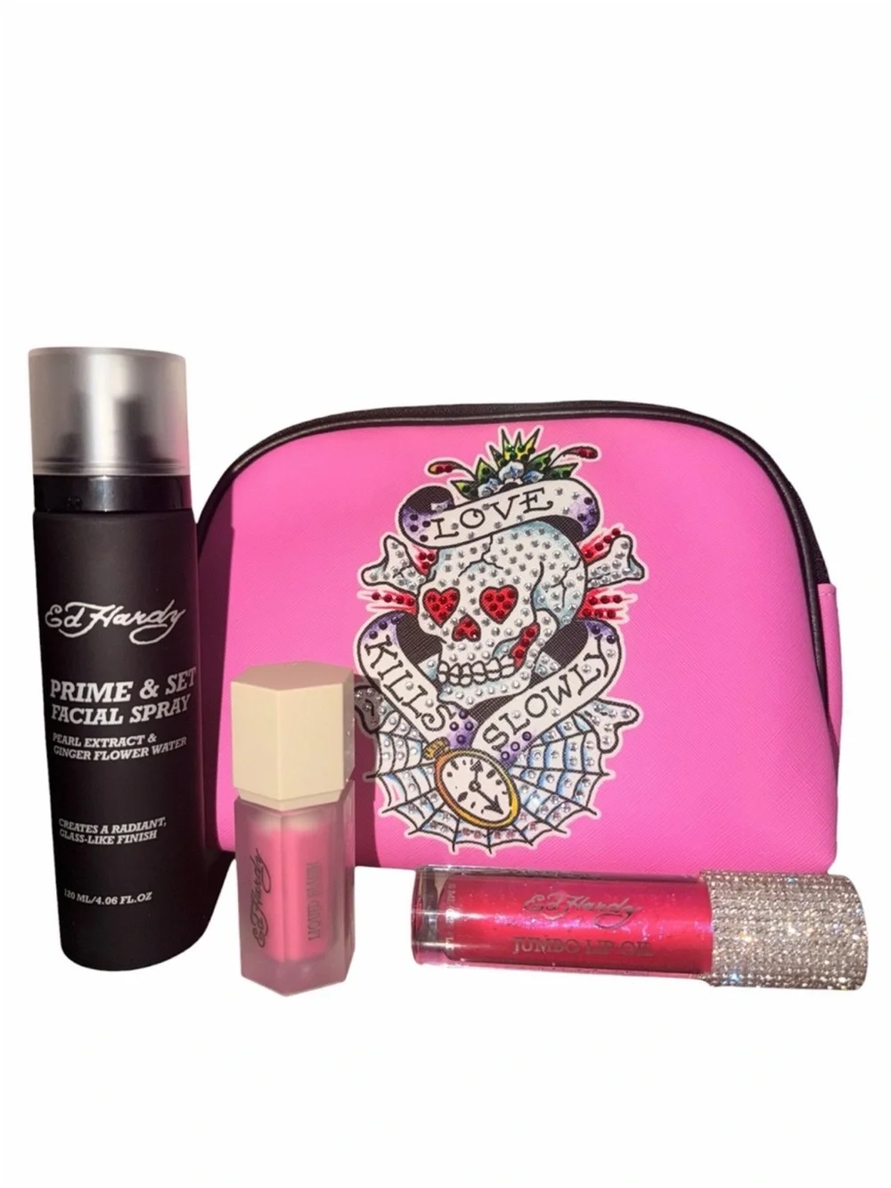 Ed Hardy 4 Piece Beauty Bundle-Lip Oil, Blush, Spray NEW